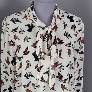 Vintage Cartise Shoe Print Tie Neck Bow Blouse Gold Rectangle Buttons